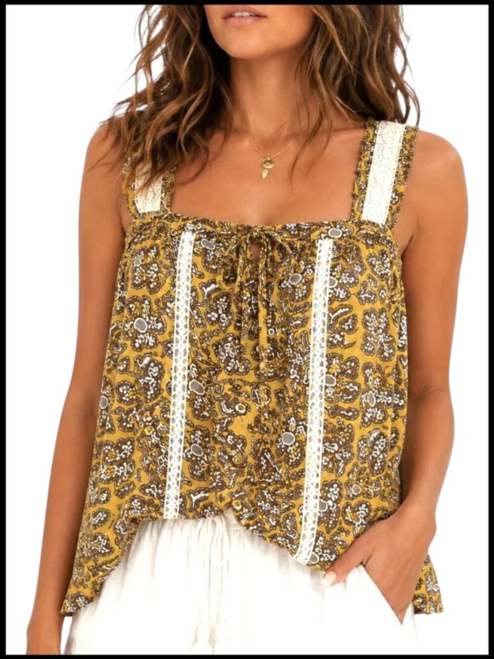 Anthropologie Bardot Cami Yellow Brown Paisley Lace Trim S 4